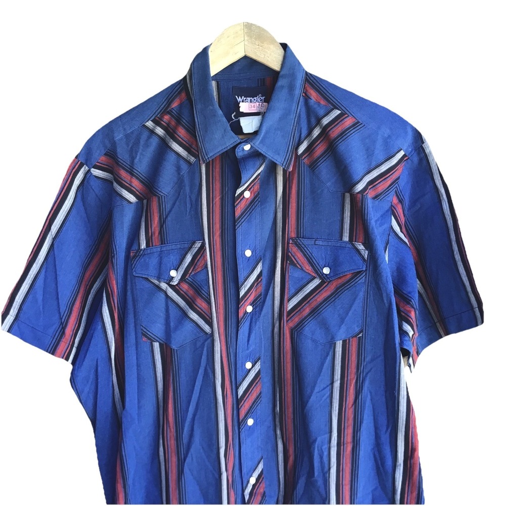 Vintage Wrangler Western Aztec Pearl Snap Shirt Blue Striped Short Sleeve XXL